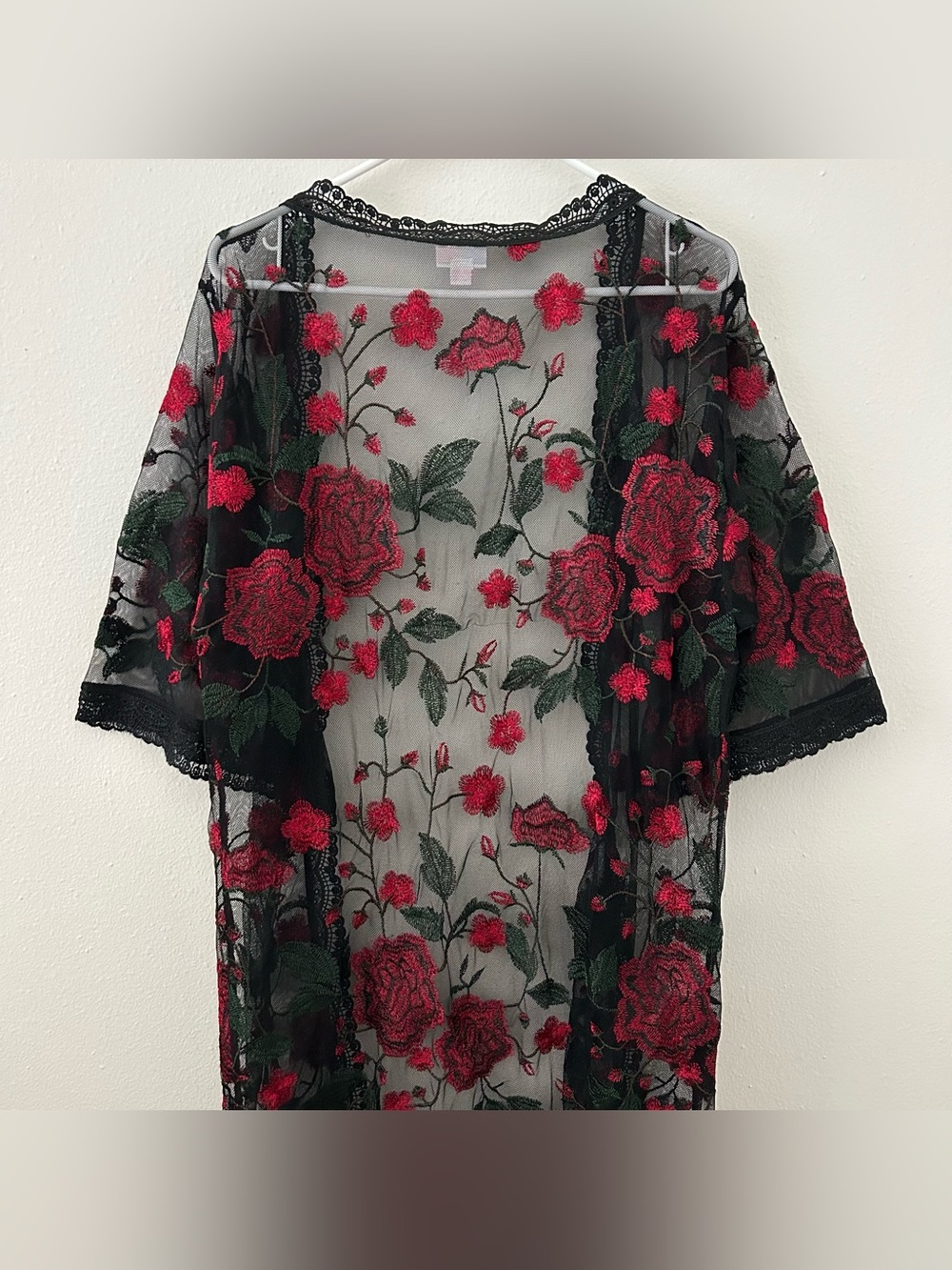Lularoe Long Sheer Lace Duster Sweater S Black Red Embroidered Floral Whimsigoth - Picture 7 of 9